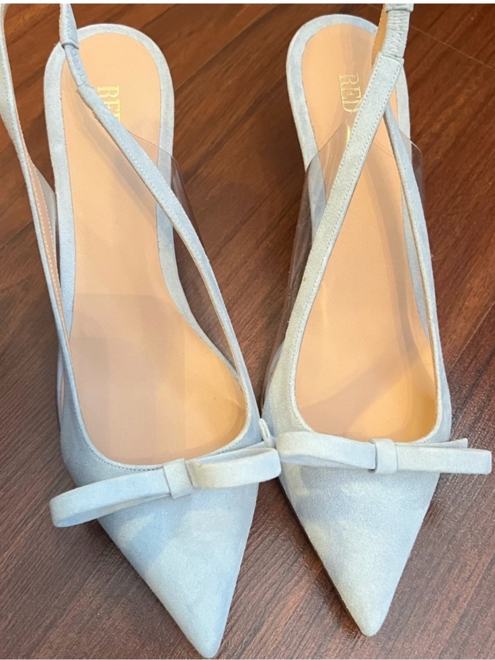 RED Valentino Light Blue Suede Pointed Slingback Mules with Bow